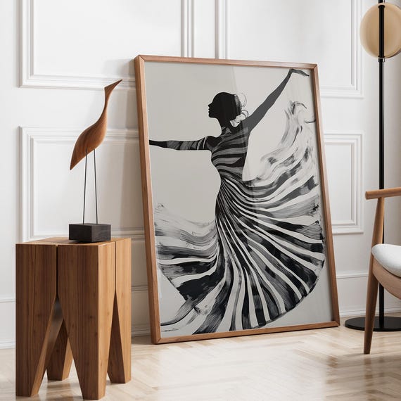 Modern Dance Art Black And White Striped Dress Line Art Ballerina Elegant Minimalist Wall Decor Monochrome Artwork