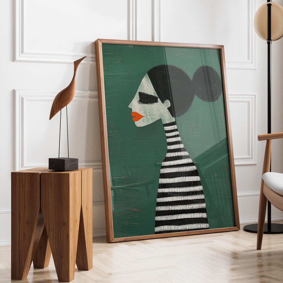 Woman Profile in Striped Dress Dark Green Abstract Art Poster