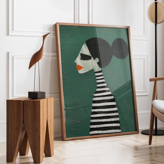 Woman Profile in Striped Dress Dark Green Abstract Art Poster