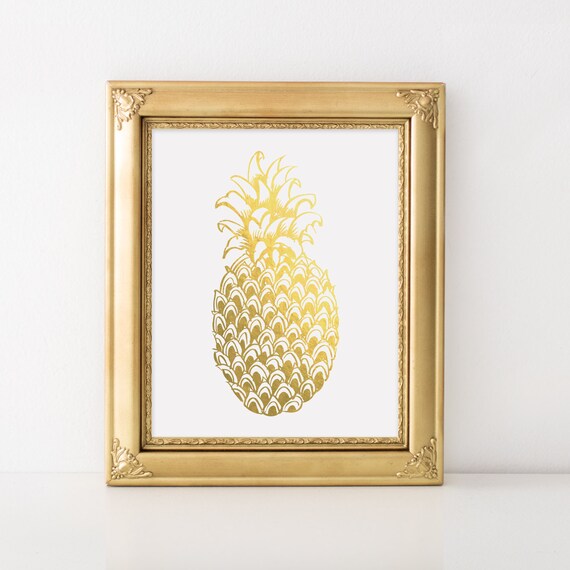 Gold Foil Pineapple Line Art Minimalist Tropical Chic White Poster