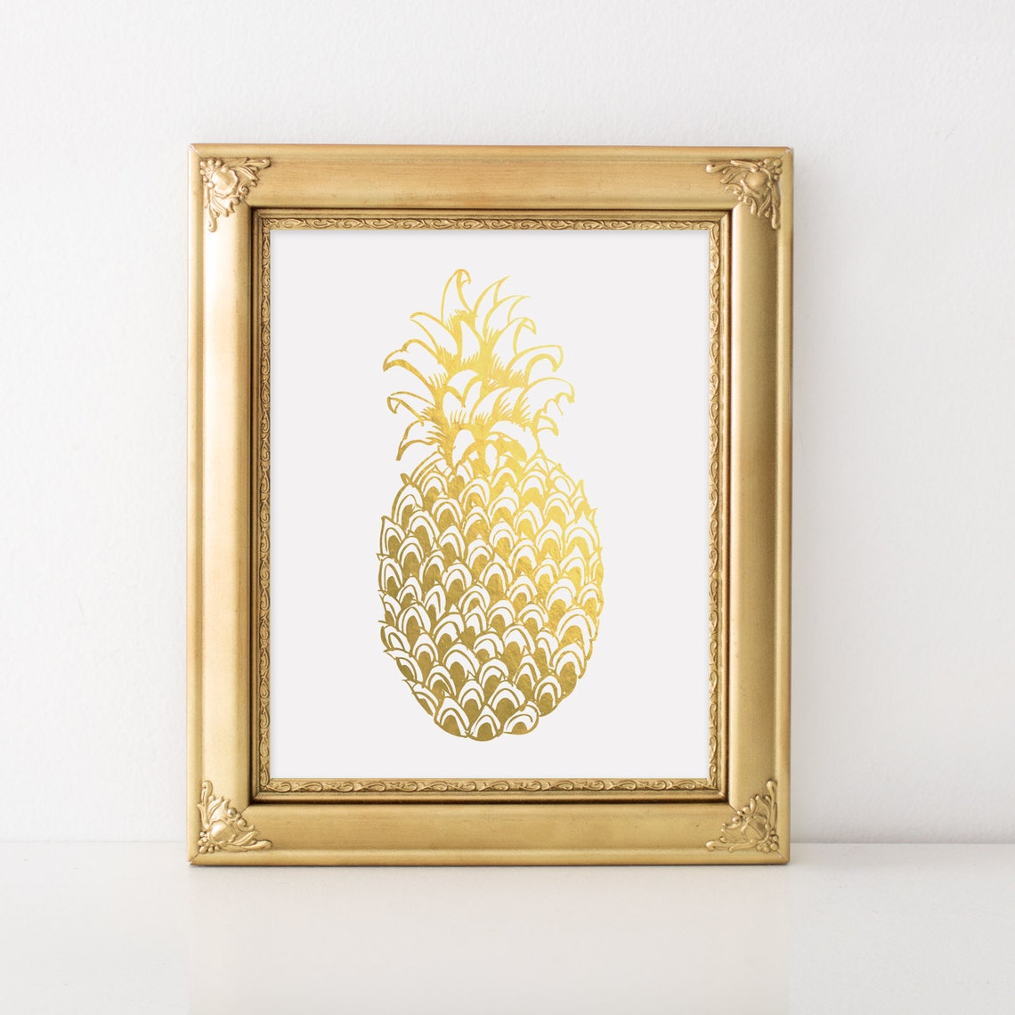 Gold Foil Pineapple Line Art Minimalist Tropical Chic White Poster