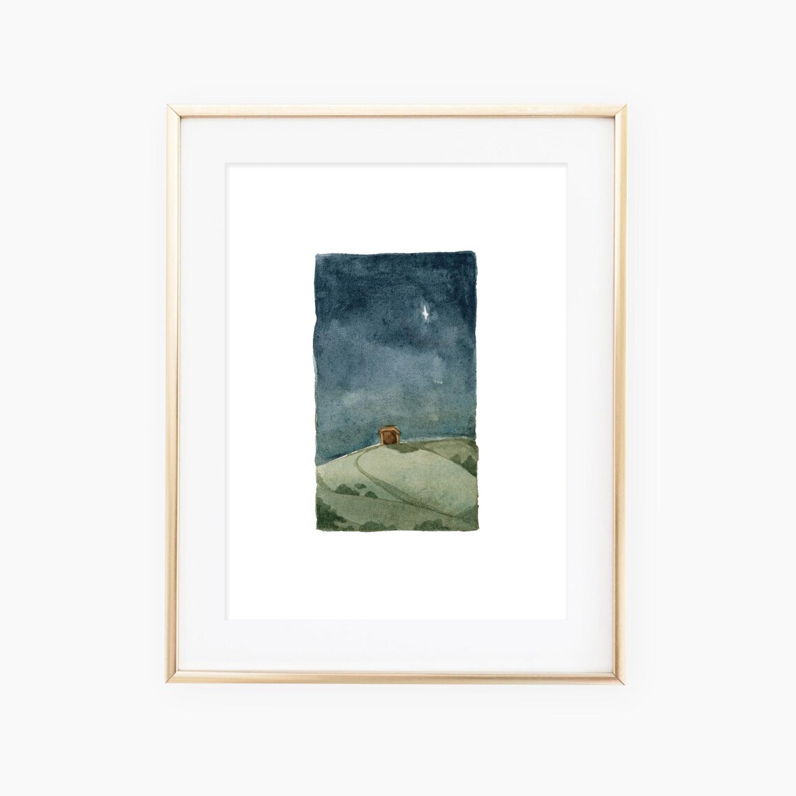 Christmas Nativity Night Watercolor Landscape Art Print
