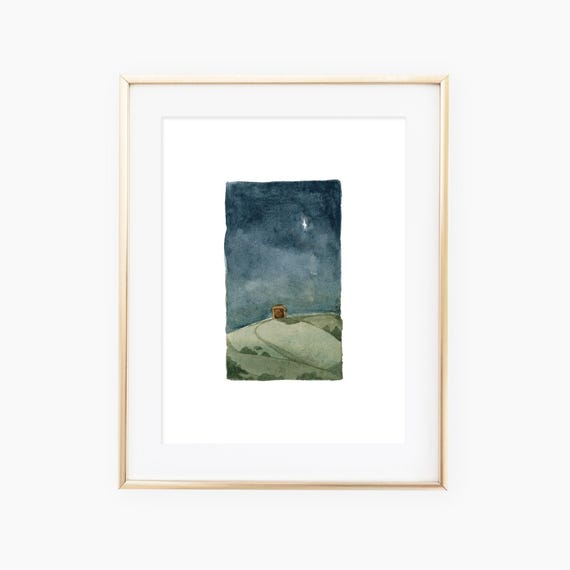 Christmas Nativity Night Watercolor Landscape Art Print