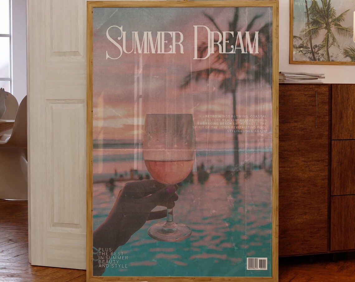 Summer Dream Magazine Sunset Pool Wine Glass Retro Photo Poster