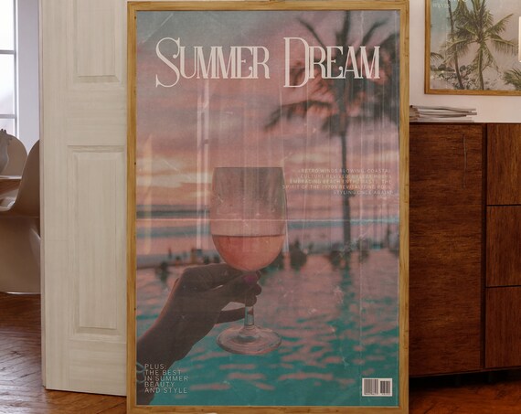 Summer Dream Magazine Sunset Pool Wine Glass Retro Photo Poster