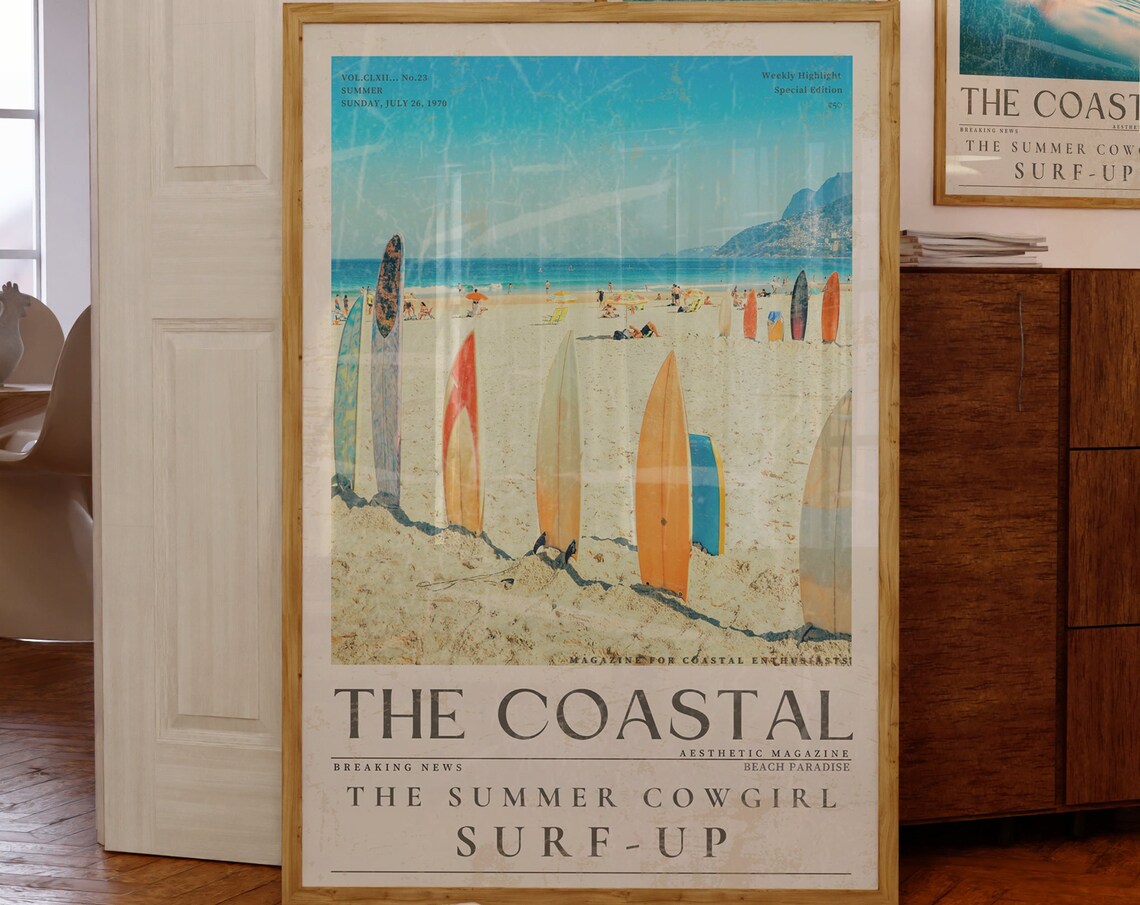 Blue Coastal Surf Up Cowgirl Vintage 70s Art Print