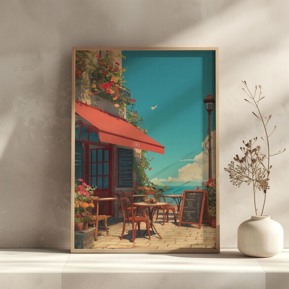 Romantic Sunset Balcony Print Summer Ocean View Wall Art Dreamy Cafe Illustration Floral Decor For Living Room