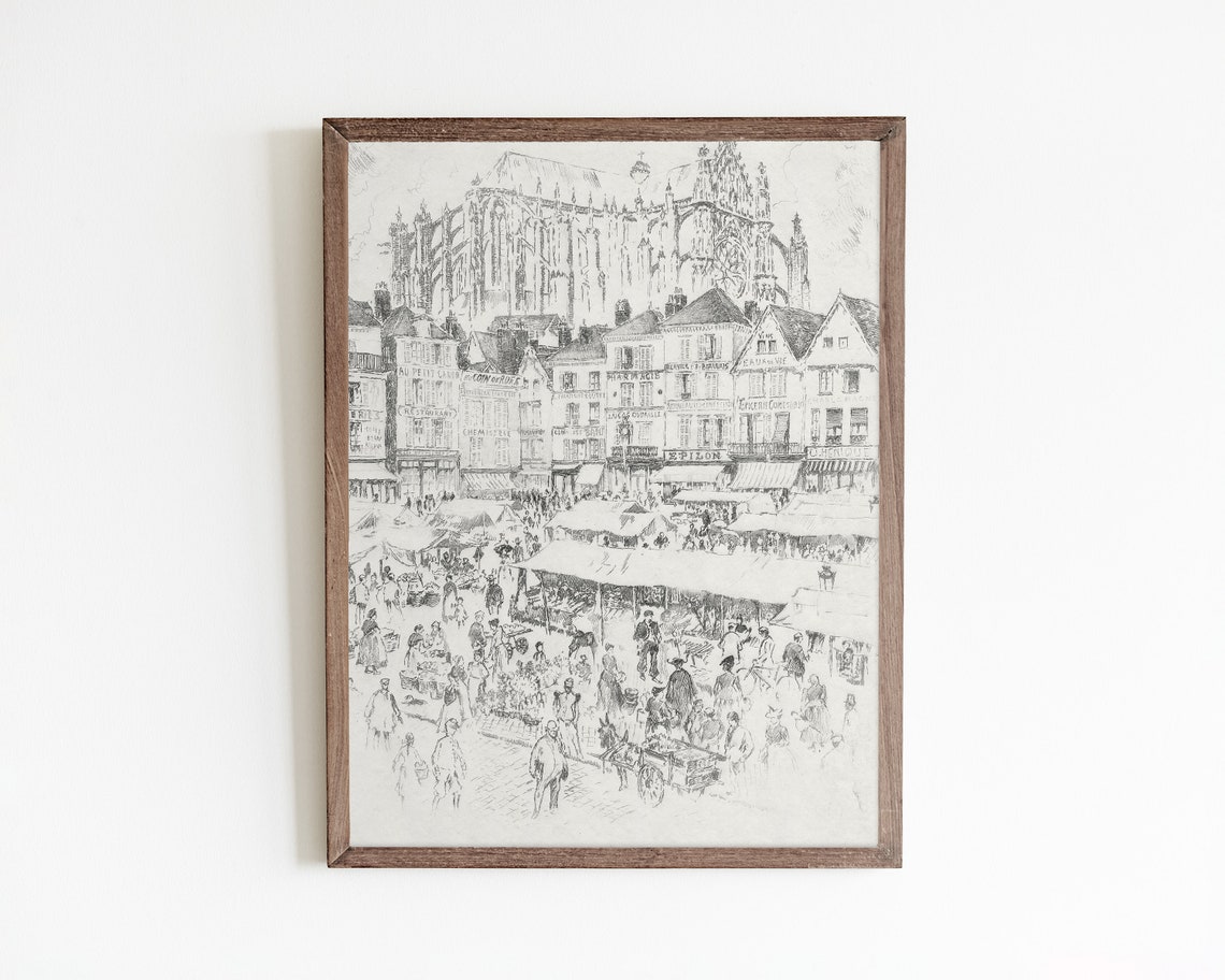 Vintage French Market, Paris Sketch Art Print