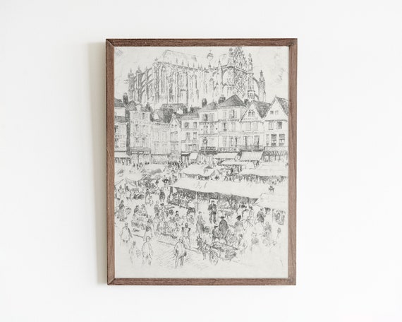Vintage French Market, Paris Sketch Art Print