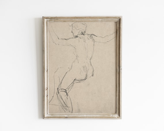 Charcoal Dancer Figure Gesture Study Sketch on Kraft Paper Wall Art