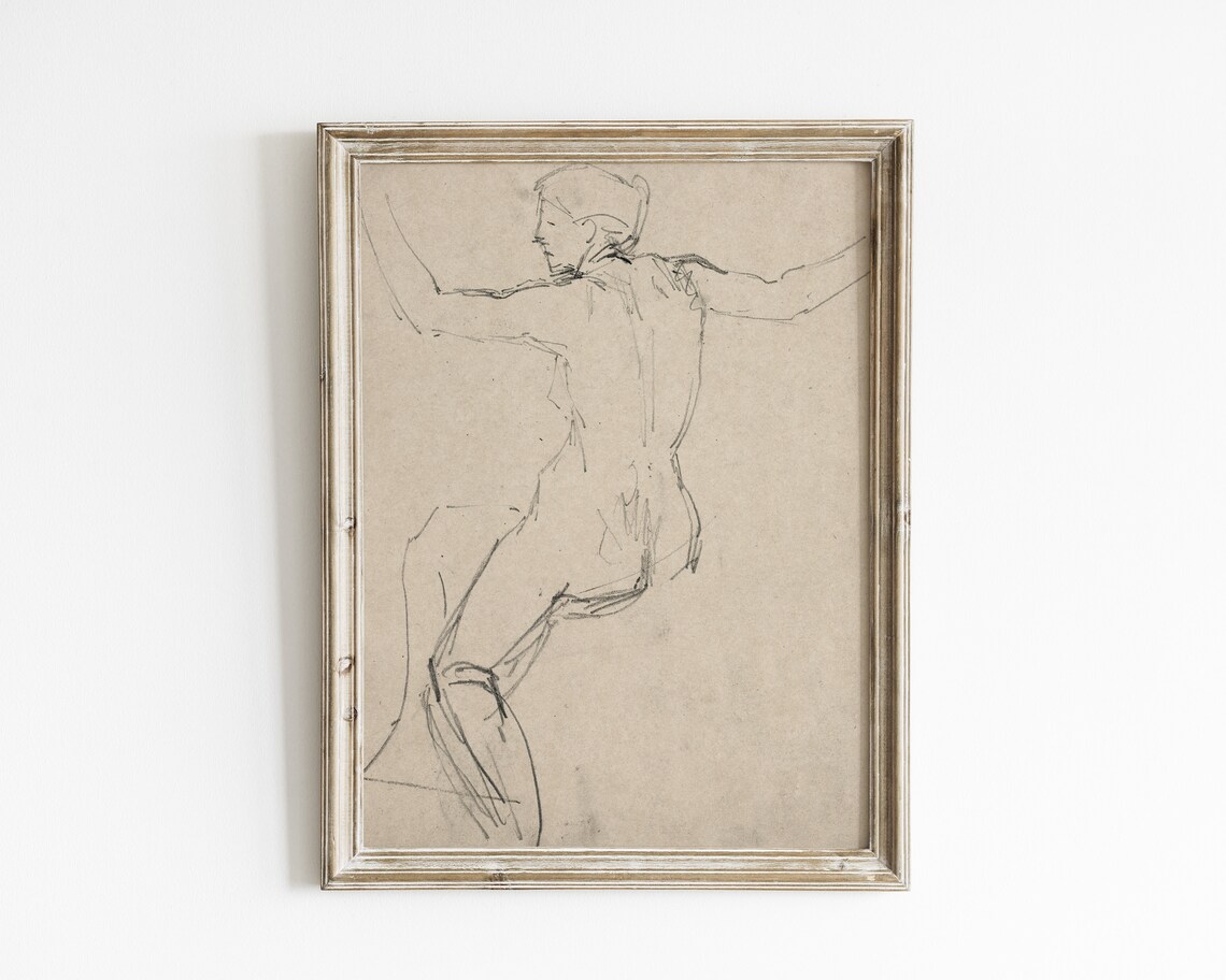 Charcoal Dancer Figure Gesture Study Sketch on Kraft Paper Wall Art