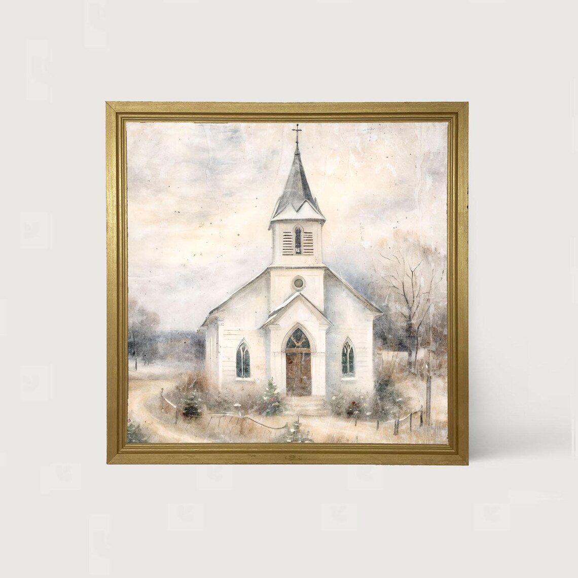 Charming Church In Winter Scene, Christmas Art Print