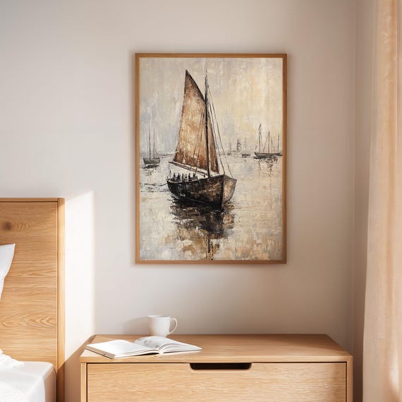 Vintage Sailing Boats On Calm Waters Seascape Oil Painting Coastal Reflection Nautical Art And Lighthouse In Background
