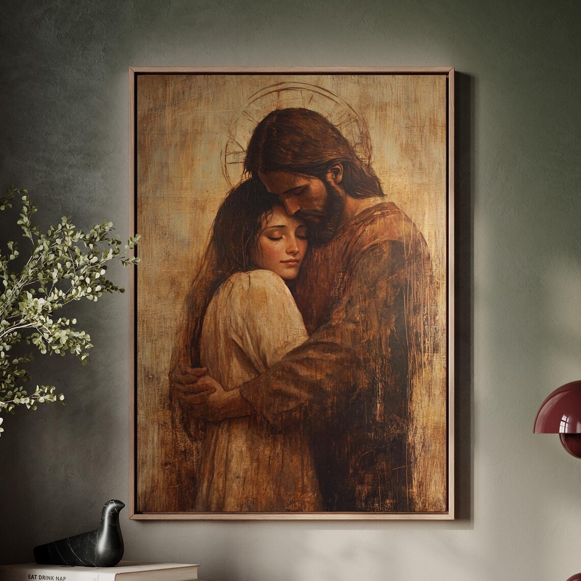 Jesus Embracing Woman Golden Halo Tender Faith Love Art Poster