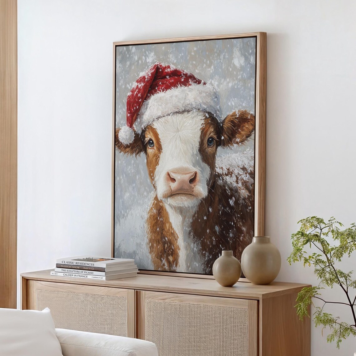 Festive Cow Art Print, Rustic Christmas Holiday Decor