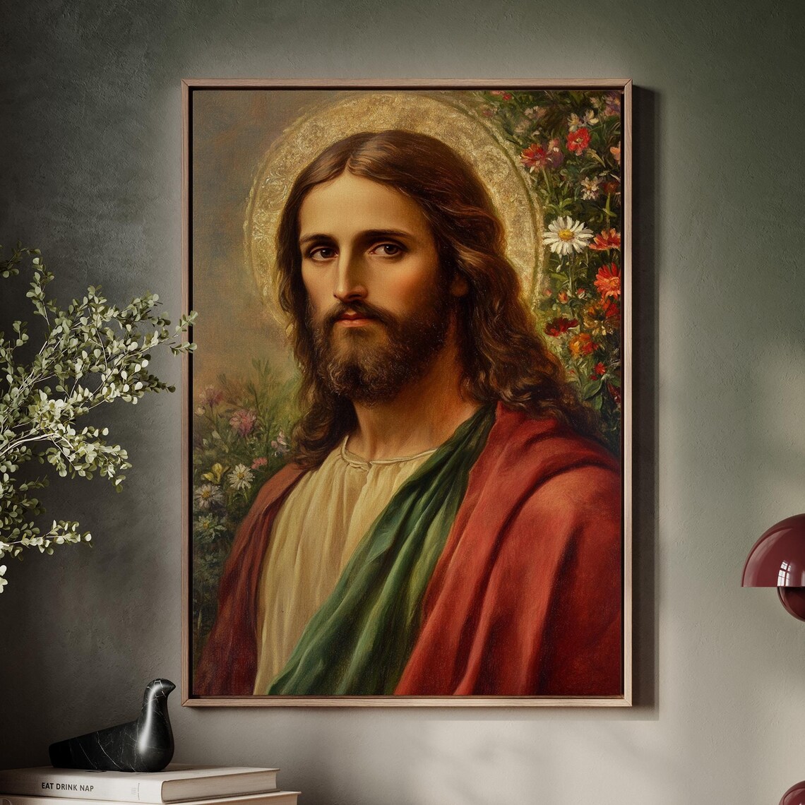 Jesus Christ Portrait With Golden Halo Wildflowers Faith Poster
