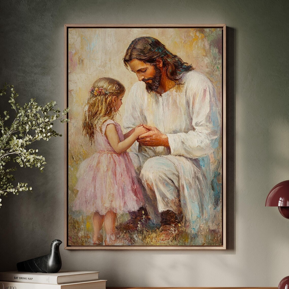 Jesus Kneeling With Little Girl Tender Prayer Christian Art Poster