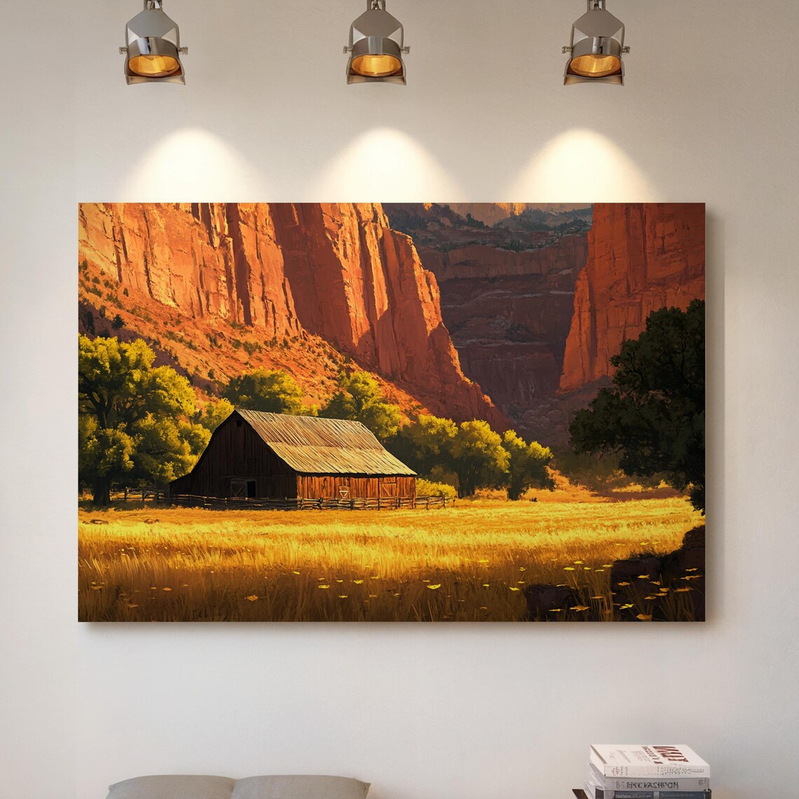 Rustic Barn In Canyon Sunset, Vintage Landscape
