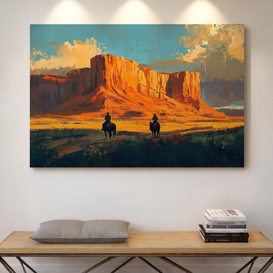 Two Cowboys on Horseback Riding Toward a Glowing Desert Mesa Poster
