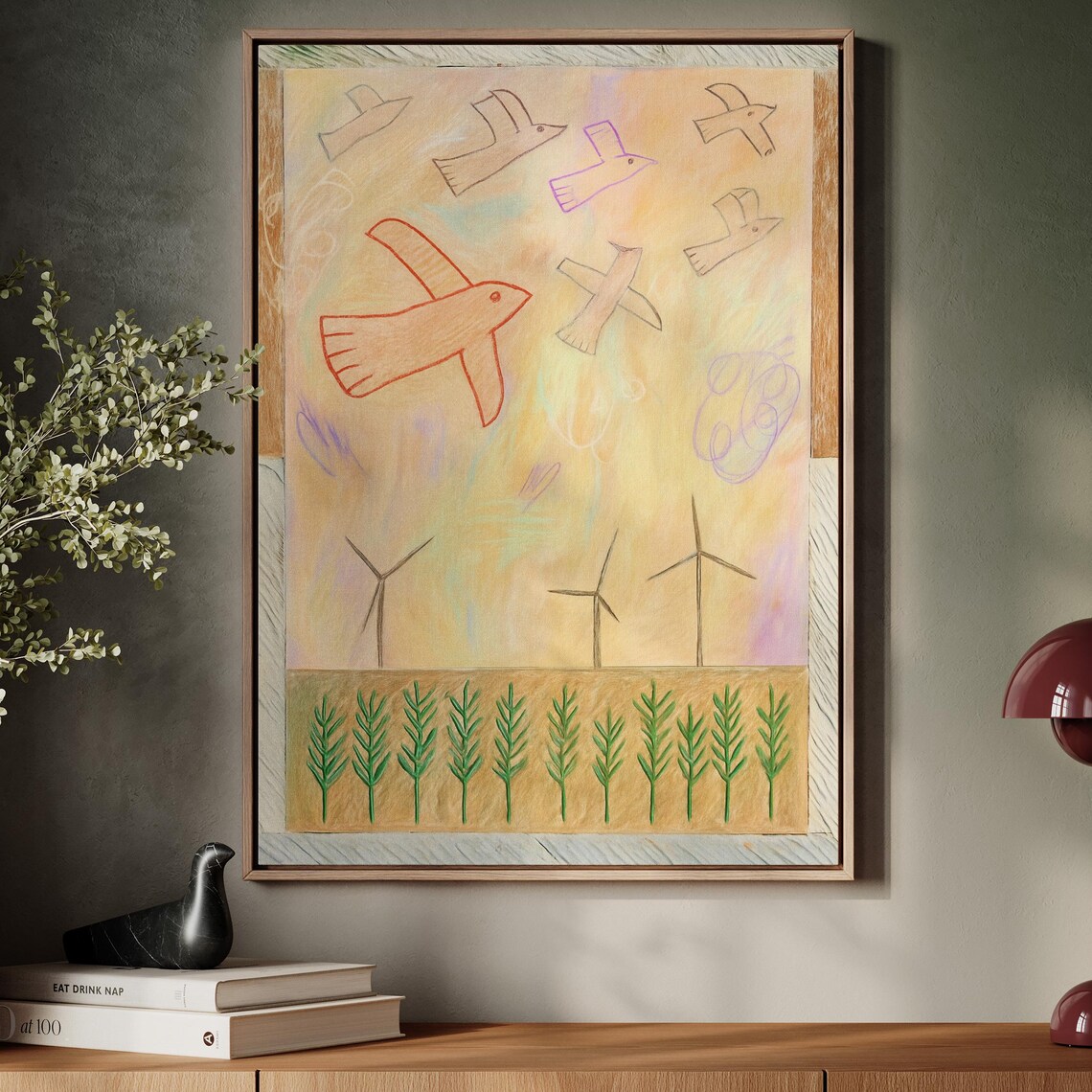 Naive Bird Drawing Whimsical Sky Windmills Pastel Folk Art Poster