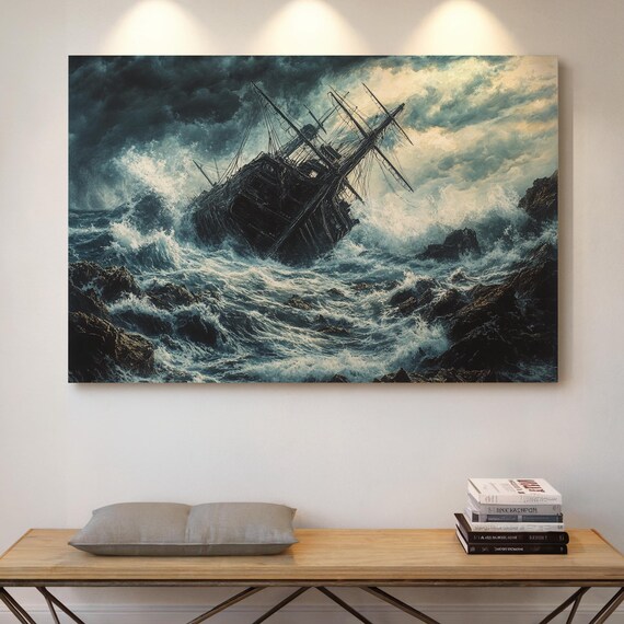 Shipwreck on Stormy Rocky Seas Dramatic Ocean Waves Nautical Poster