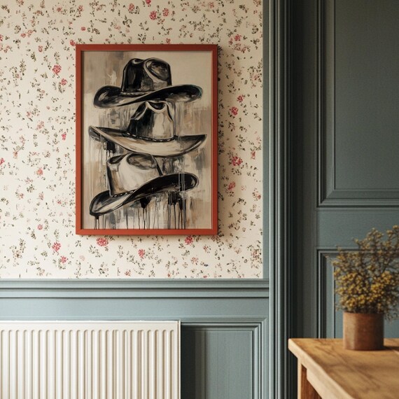 Three Stacked Cowboy Hats Rustic Black White Western Wall Art