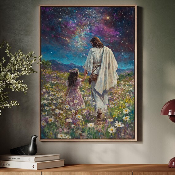 Jesus Holding A Childs Hand Under A Starry Night Sky Inspirational Art Of Faith Serenity And Christian Spiritual Beauty