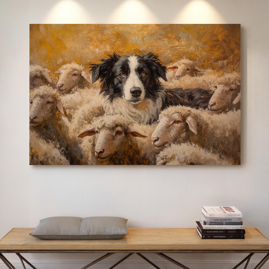 Border Collie Herding Sheep Golden Farm Animal Oil Painting Poster
