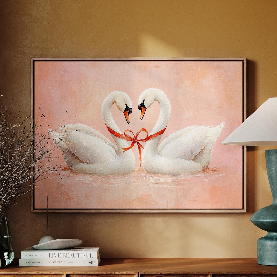 Swan Pair Heart Shape Red Ribbon Romantic Love Bird Painting Poster