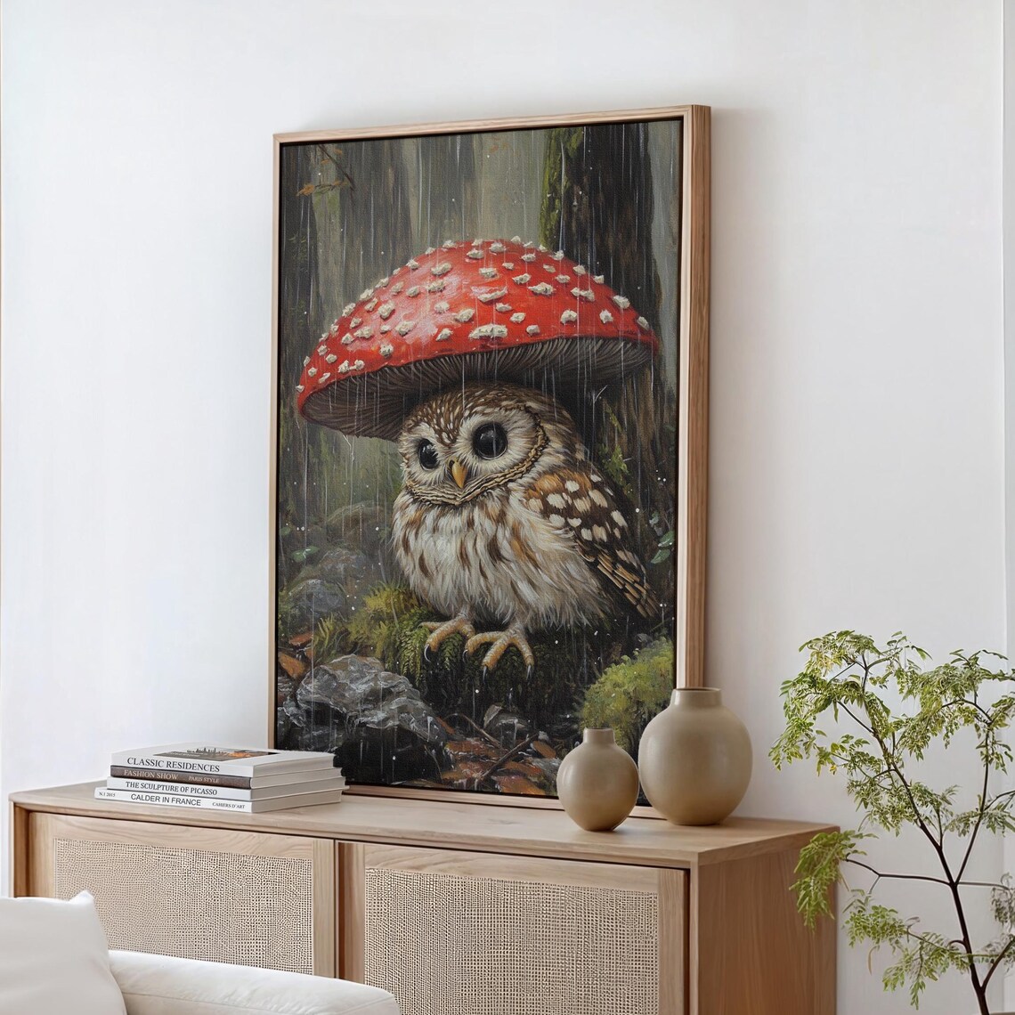Adorable Owl Under Red Mushroom Rainy Forest Shelter Scene Poster