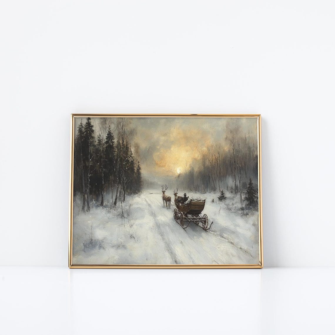 Winter Sleigh Ride Enchanted Forest Reindeer Sunset Art Poster