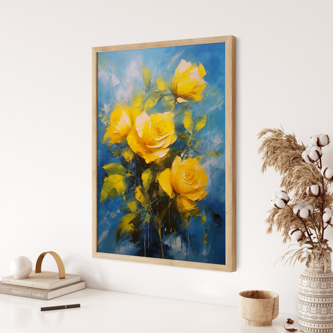 Vibrant Yellow Roses On Blue Background Bold Floral Art Poster - Image 3
