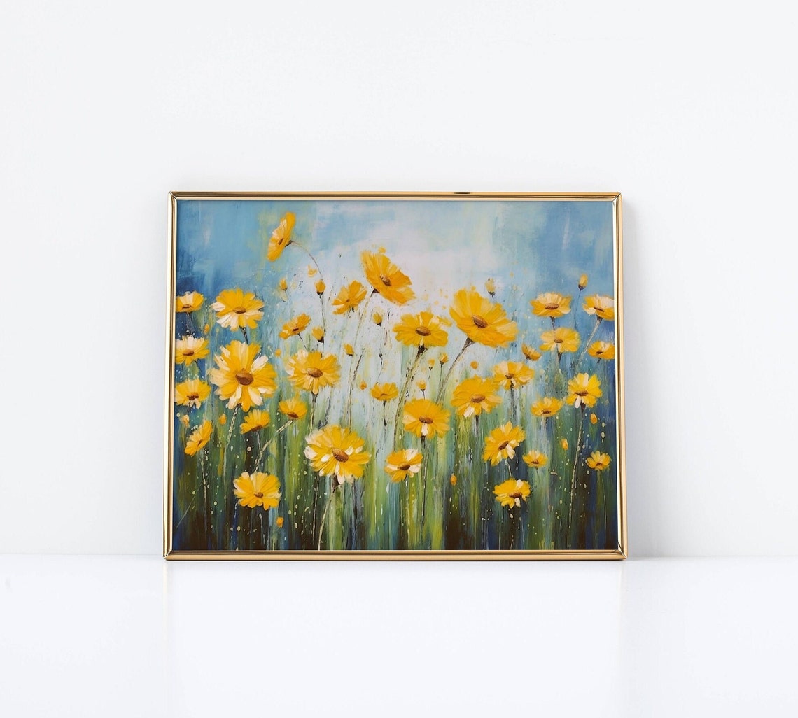 Yellow Daisy Field In Rain Sunlit Blue Sky Floral Painting Poster - Image 2