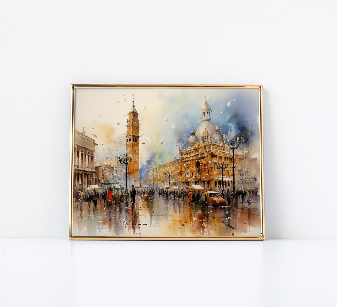Venice St Marks Square Watercolor Rainy Canal Painting Poster - Image 3