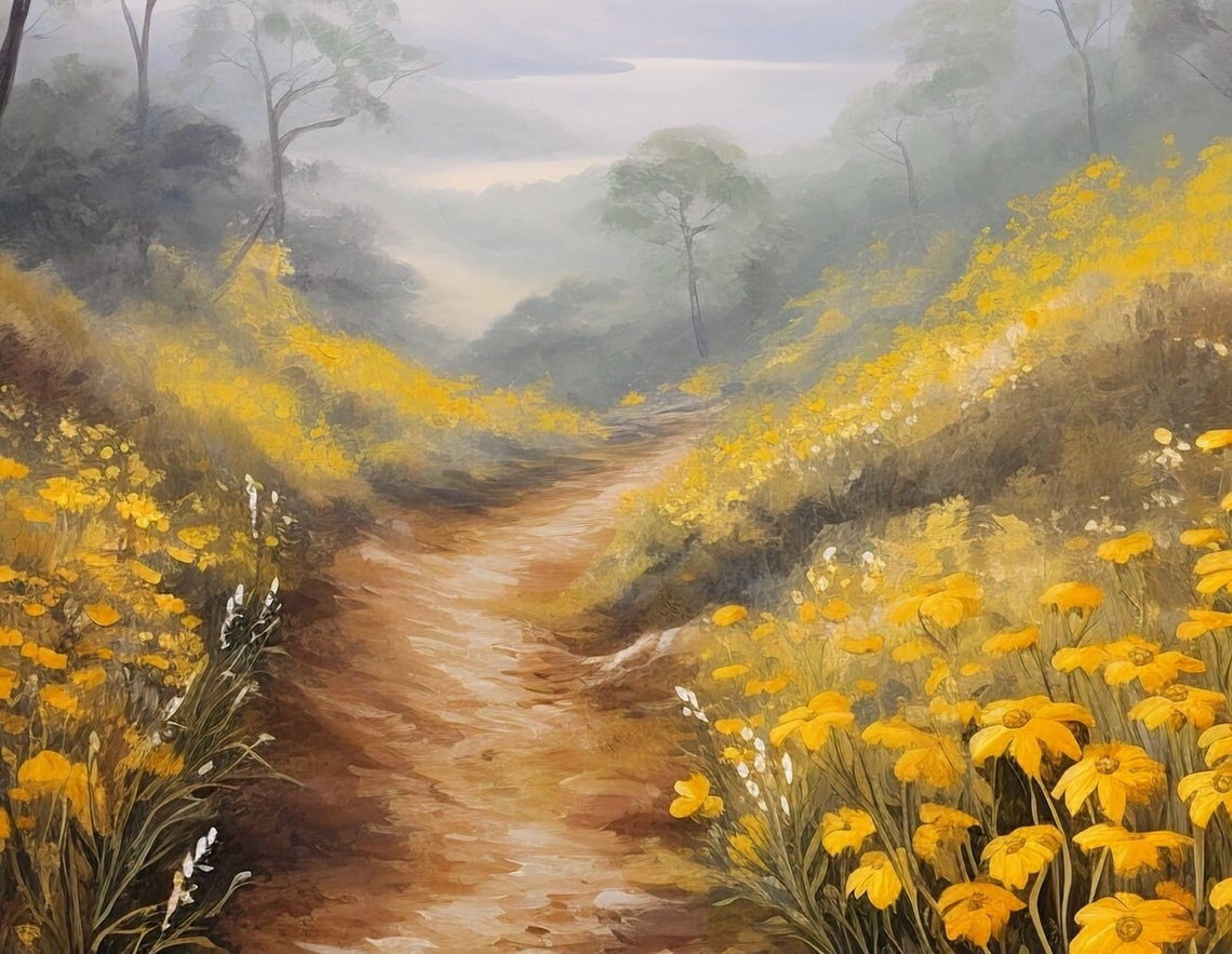 Misty Countryside Path Yellow Wildflowers Tranquil Lake View Poster - Image 3