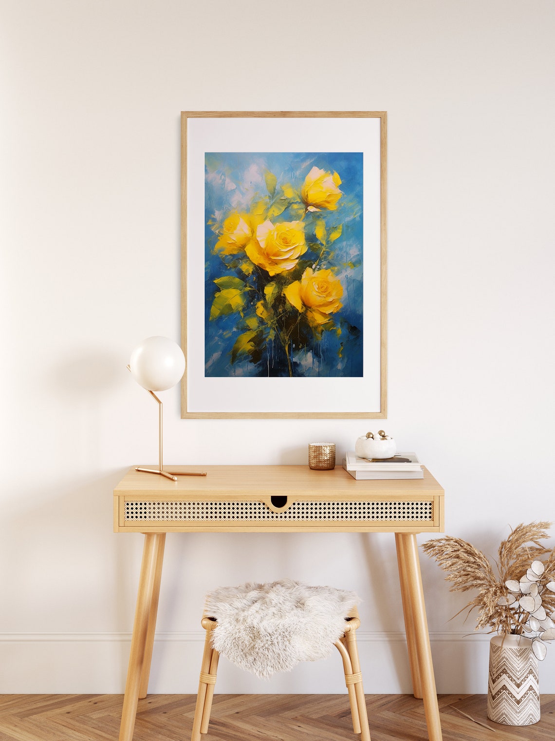 Vibrant Yellow Roses On Blue Background Bold Floral Art Poster - Image 2