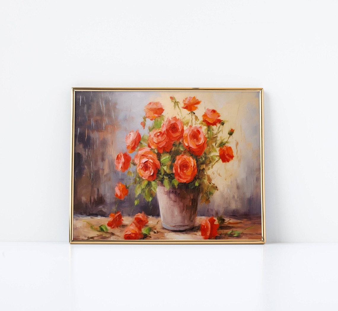 Coral Roses Rustic Bucket Blooming Impressionist Floral Poster - Image 2