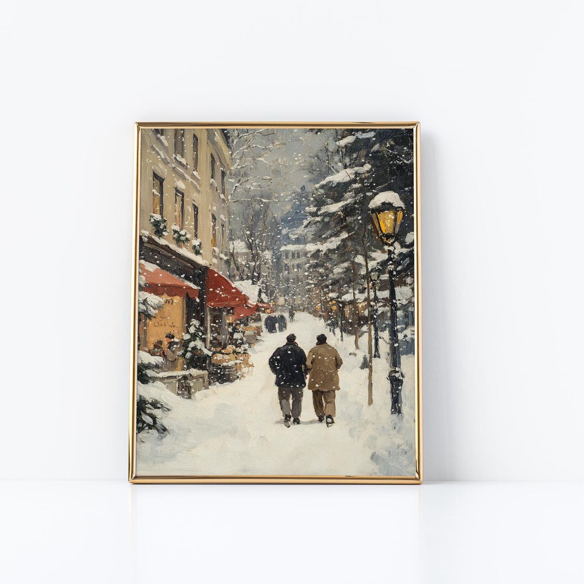Snowy Parisian Street Winter Shops Lamppost Vintage Oil Poster