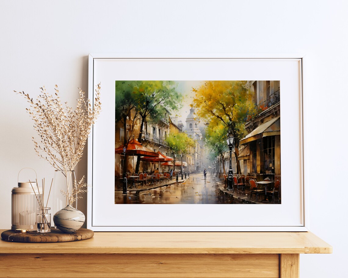 European Street Cafe Watercolor Rainy Day Umbrellas Scene Poster