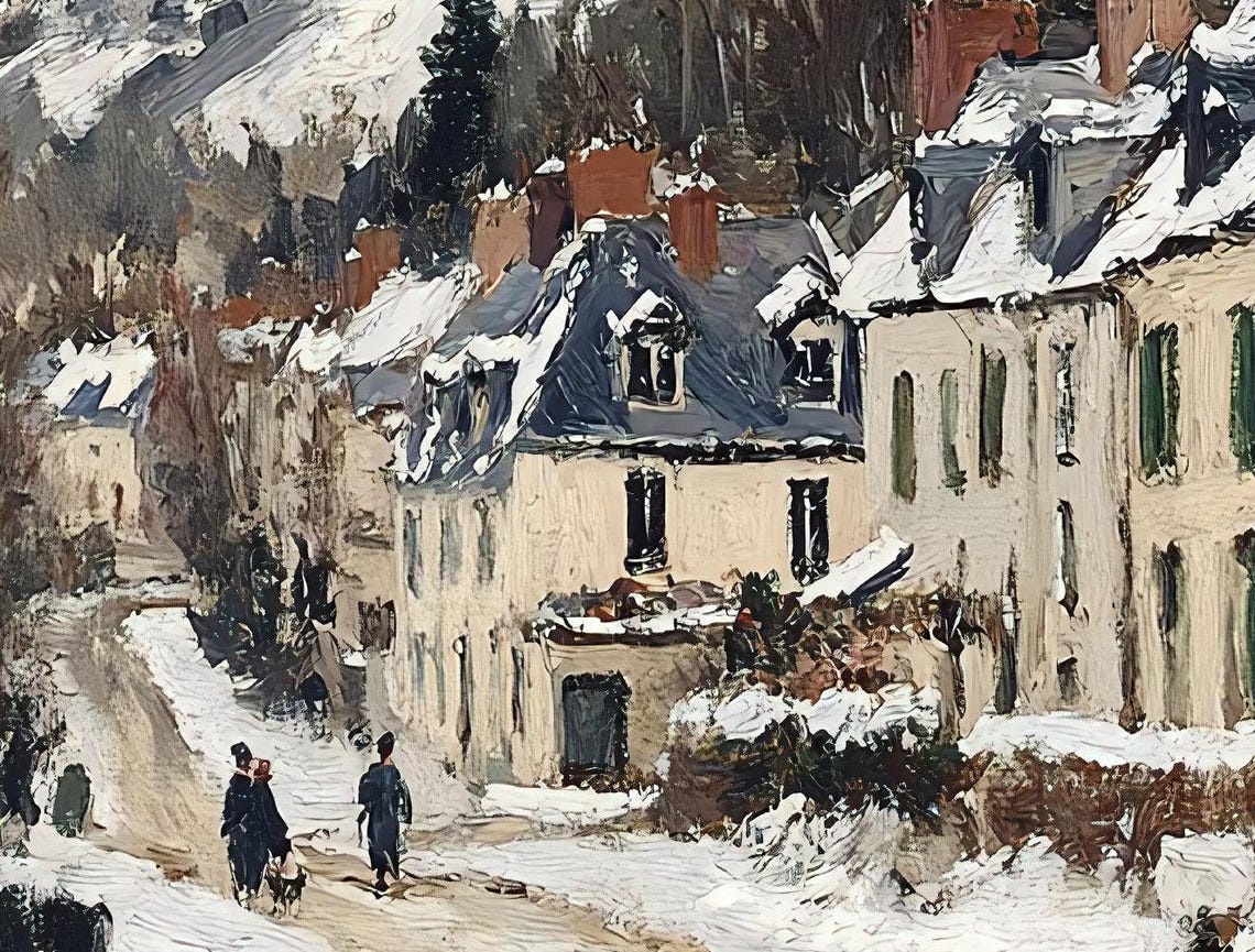 Charming French Village Winter Street Stone Houses Snow Scene Poster - Image 3