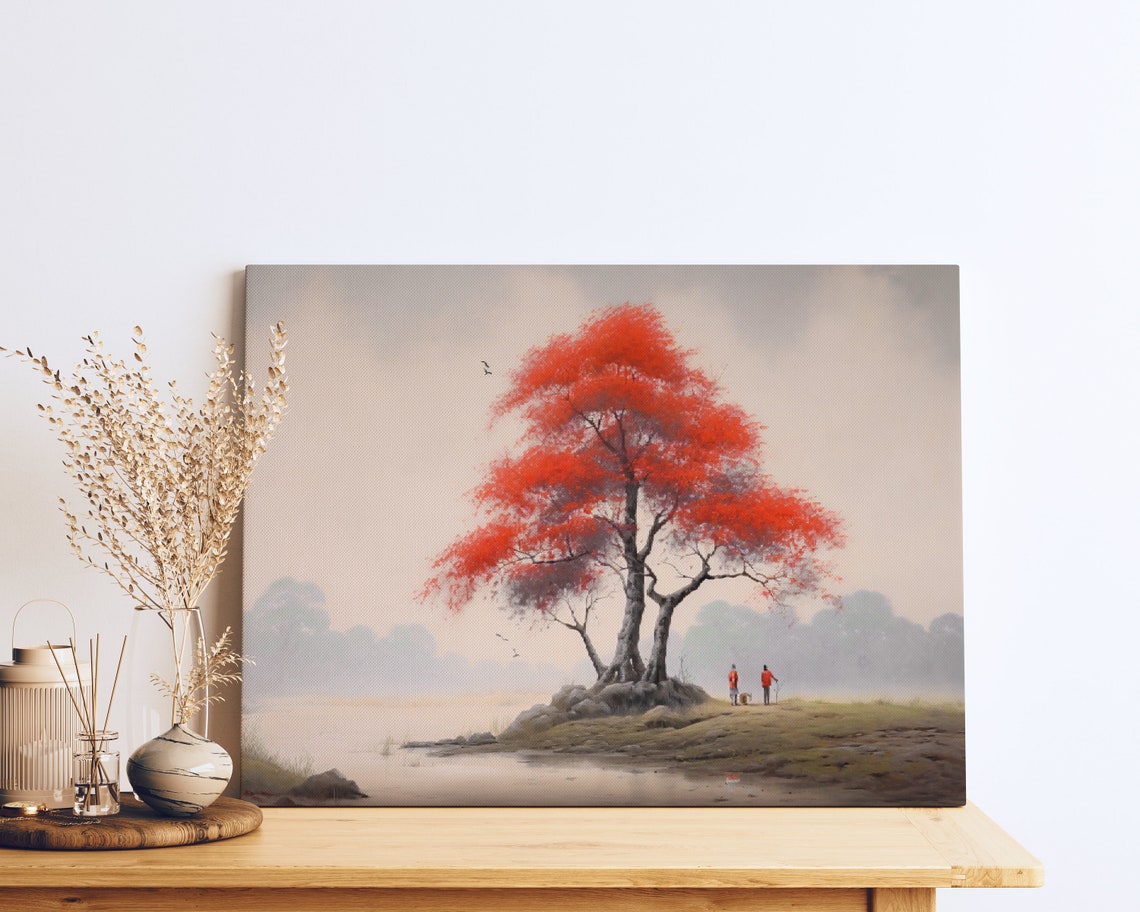 Red Autumn Tree By Misty River With Two Fishermen Landscape Poster