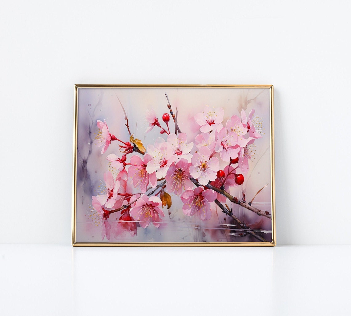 Pink Cherry Blossom Branch Realistic Watercolor Spring Floral Poster - Image 3