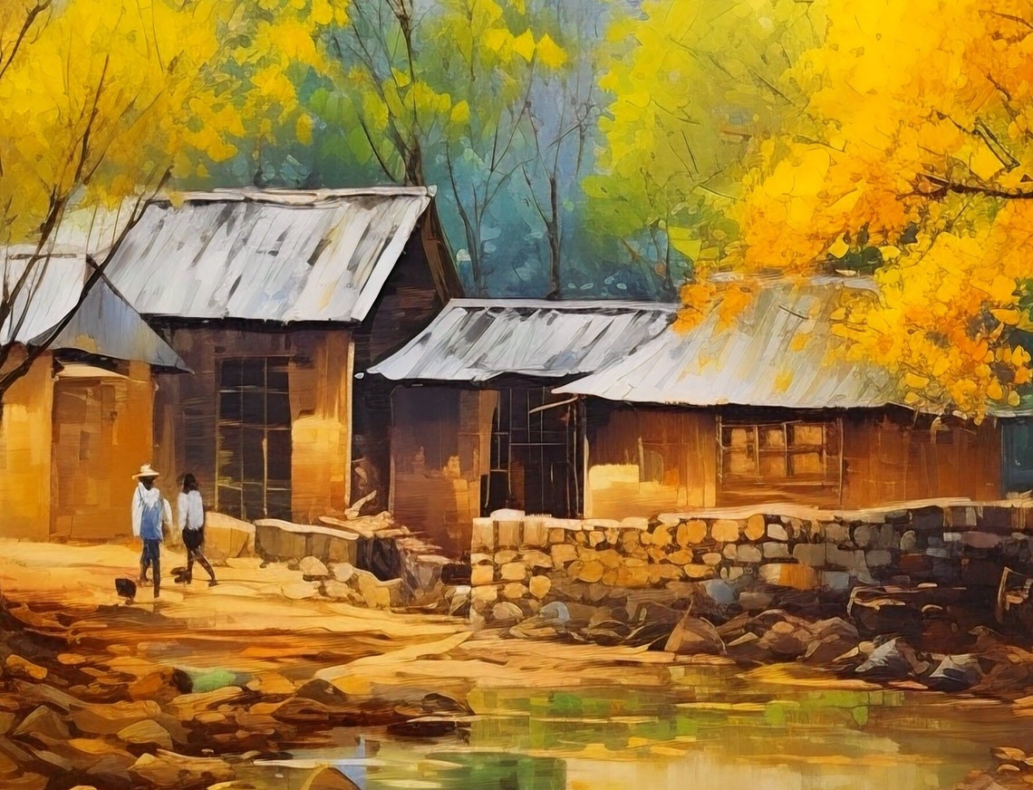 Golden Autumn Village Houses Stone Wall Stream Trees Landscape Poster - Image 3
