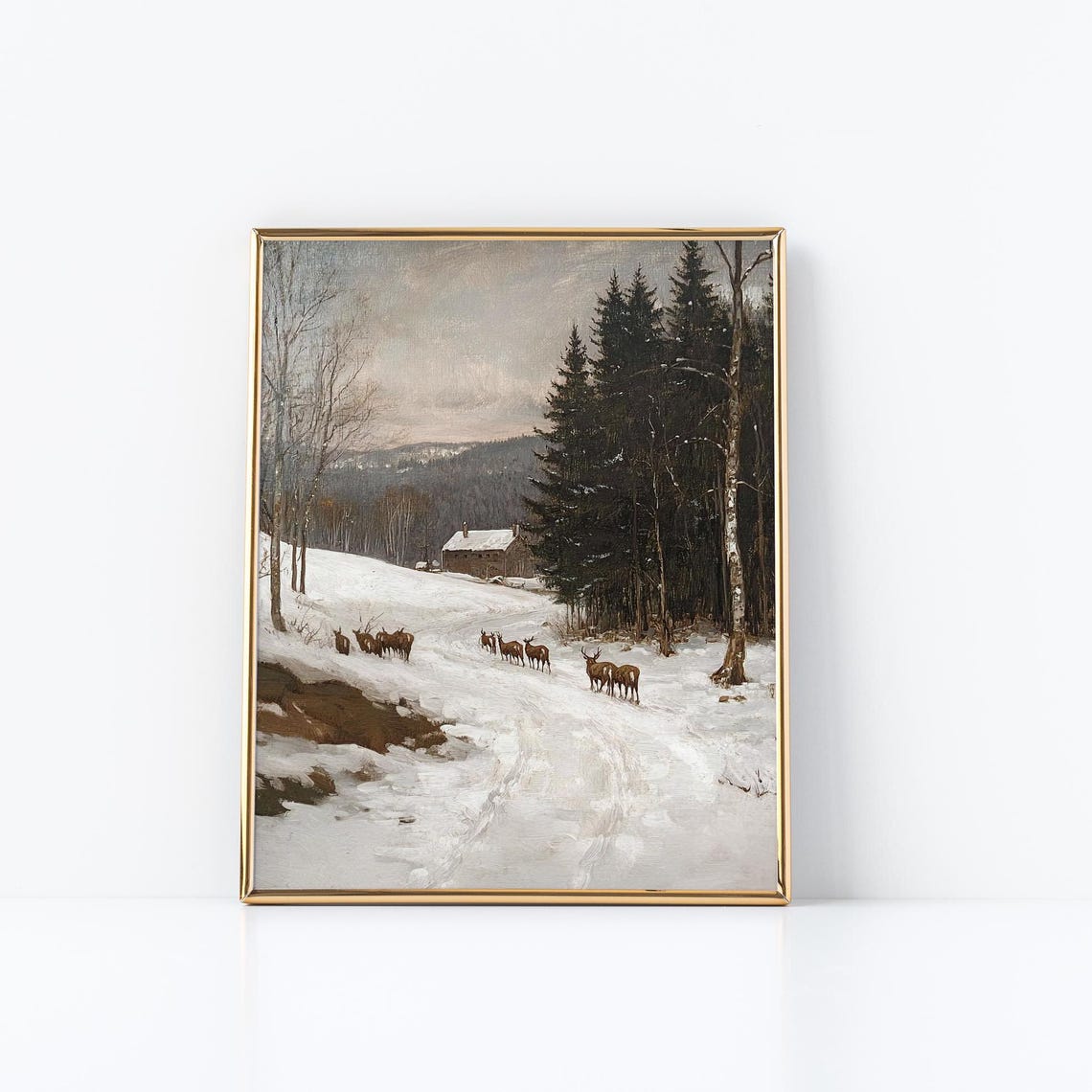 Winter Deer Herd Mountain Cabin Snowy Forest Wildlife Poster