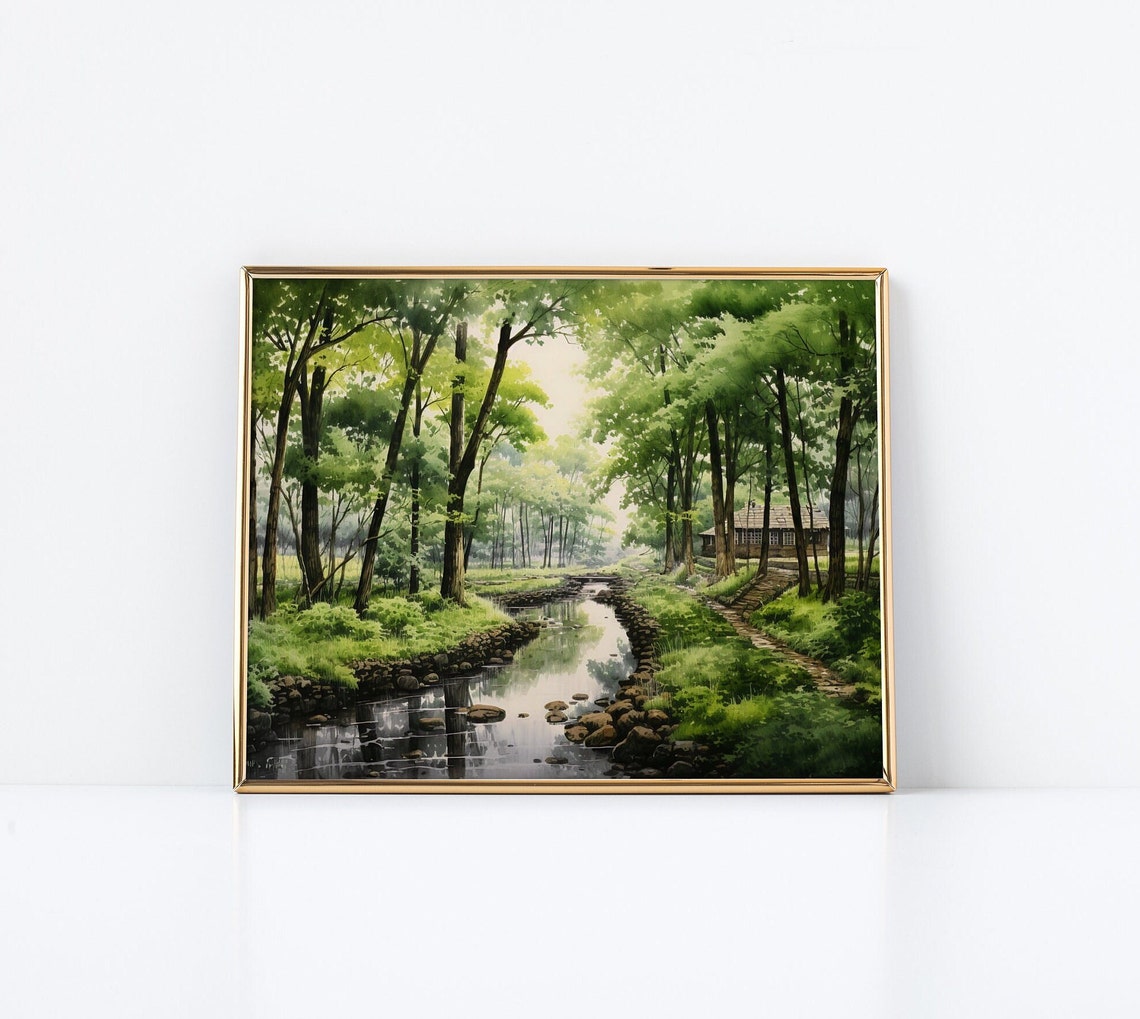 Bamboo Forest Stream Stepping Stones Japanese Garden Watercolor Poster - Image 3