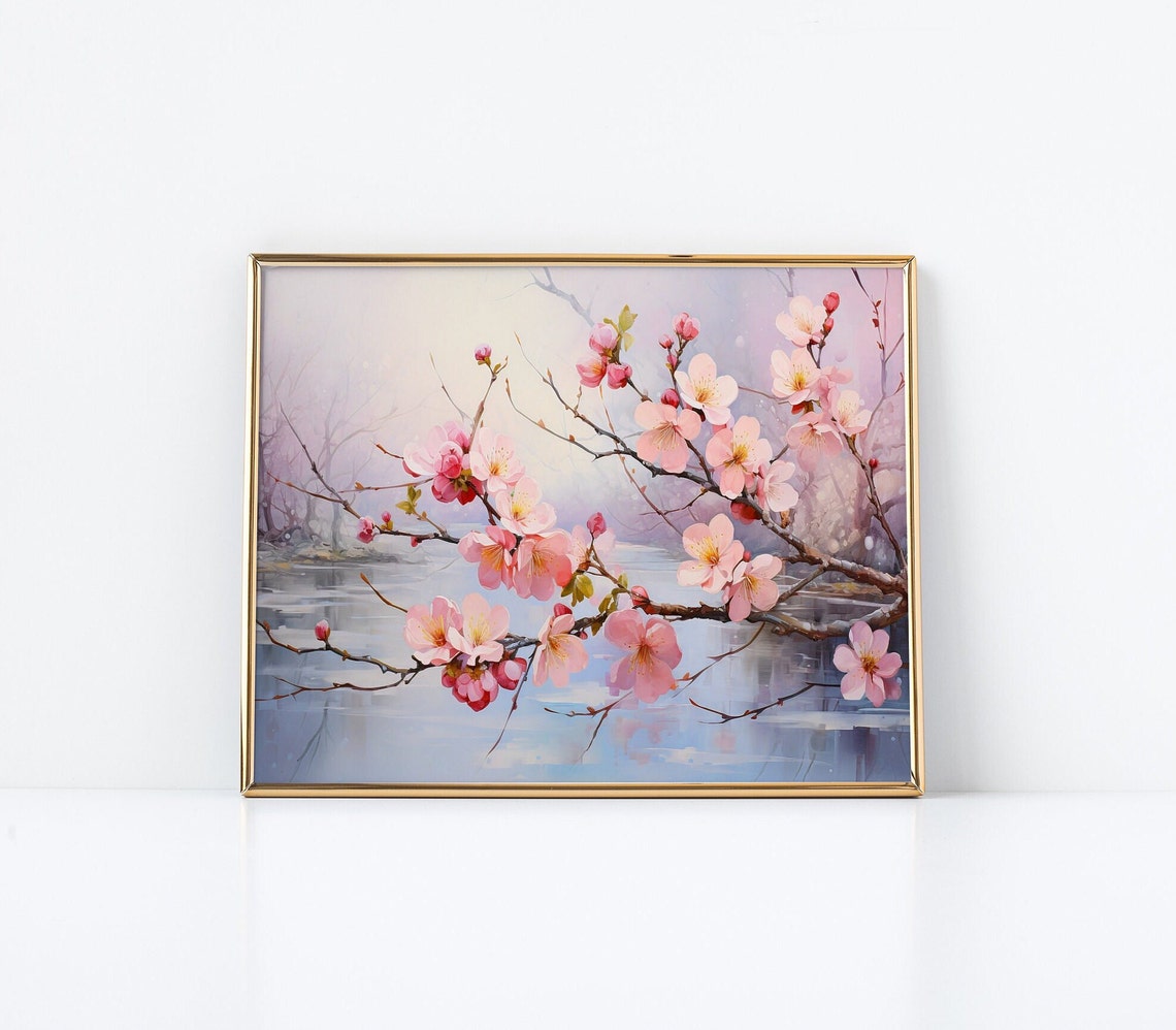 Pink Flowering Branch Over Calm Water Delicate Spring Art Poster - Image 3