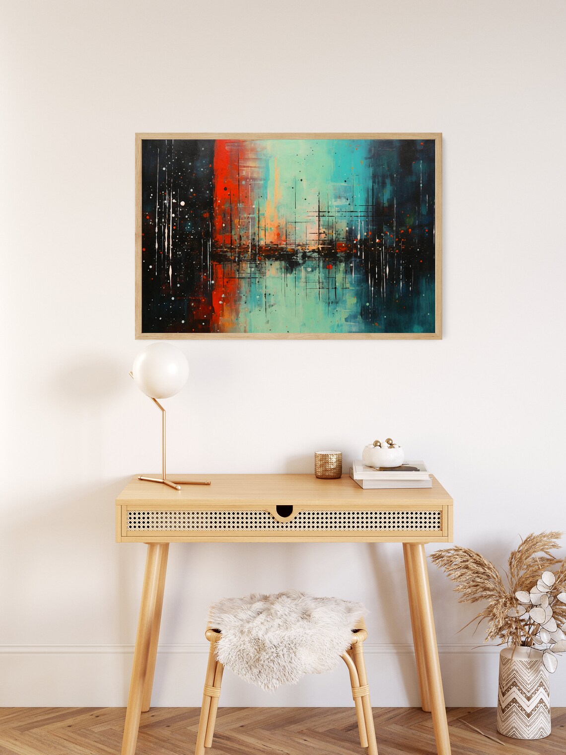 Abstract Night City Painting Teal and Red Dripping Lights Poster - Image 2