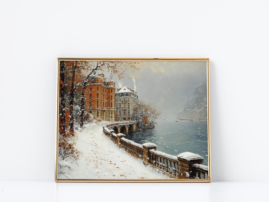 Seine Riverside Mansion Winter Paris Snow Embankment Art Poster