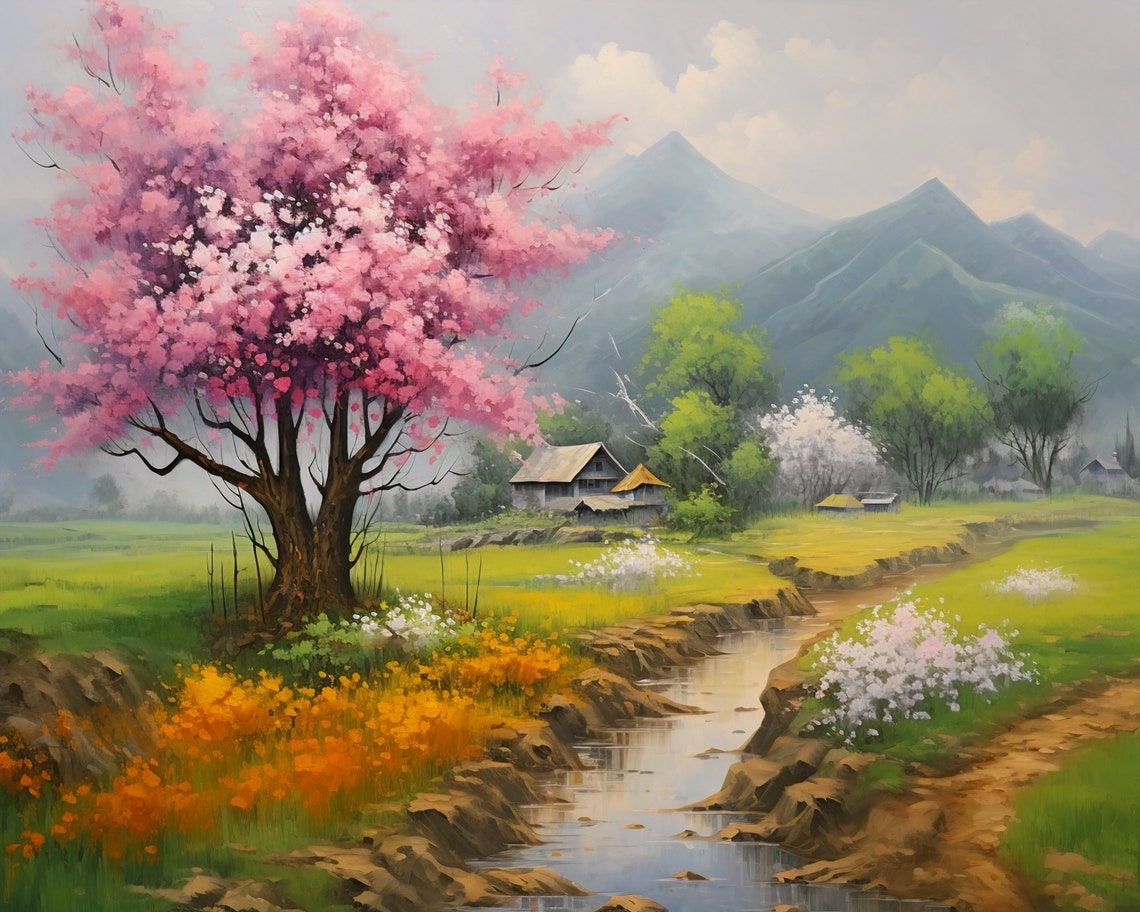 Cherry Blossom Tree Stream Village Spring Mountain Landscape Poster - Image 3