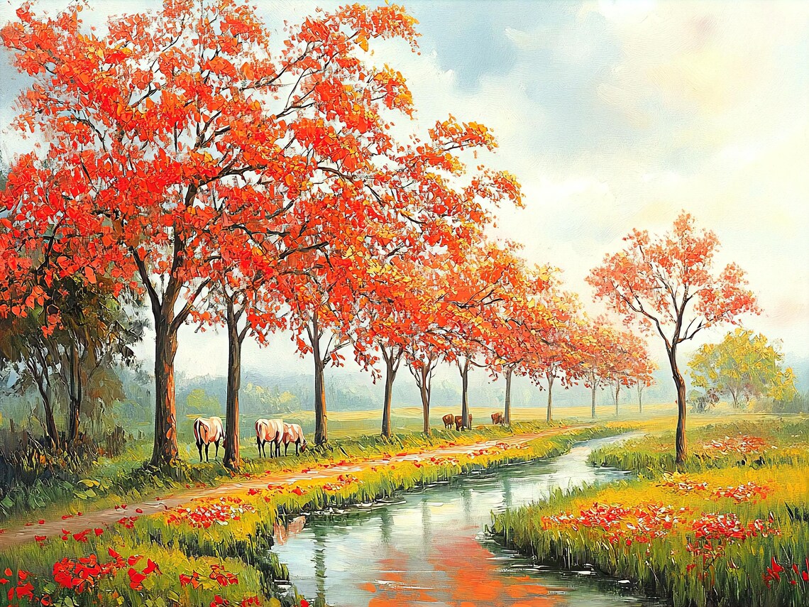 Red Autumn Trees Riverside Landscape Oil Painting Nature Poster - Image 3